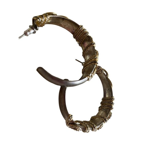 Vintage Silver & Gold-Tone Hoop Earrings With Intricate Wire Wrap Design - Picture 4 of 4